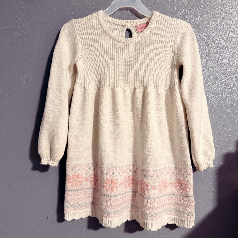 Girls' Cream Knit Dress with Pink Fair Isle Hem